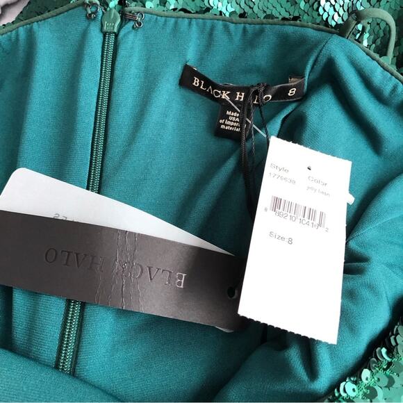 Black halo emerald green sequin holiday party knee length dress size 8 NEW - Picture 7 of 7